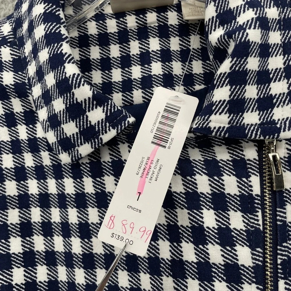 Chicos Moto Jacket Women 1 Navy Gingham Corpcore Sophisticated Travel Preppy 90s